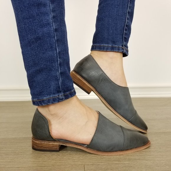Shoes - Charcoal Opened Side Pointy Slip On Flat Loafer